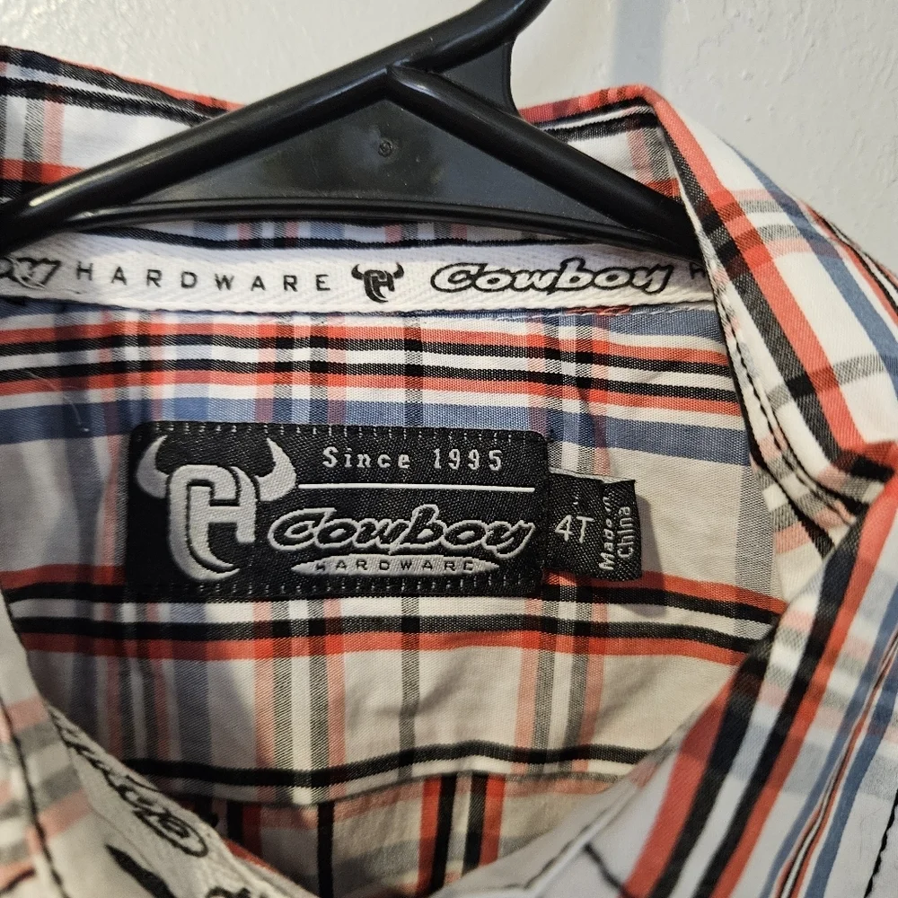 Cowboy Hardware Boys 4T Orange Blue White Plaid Long Sleeve Shirt Western Rodeo